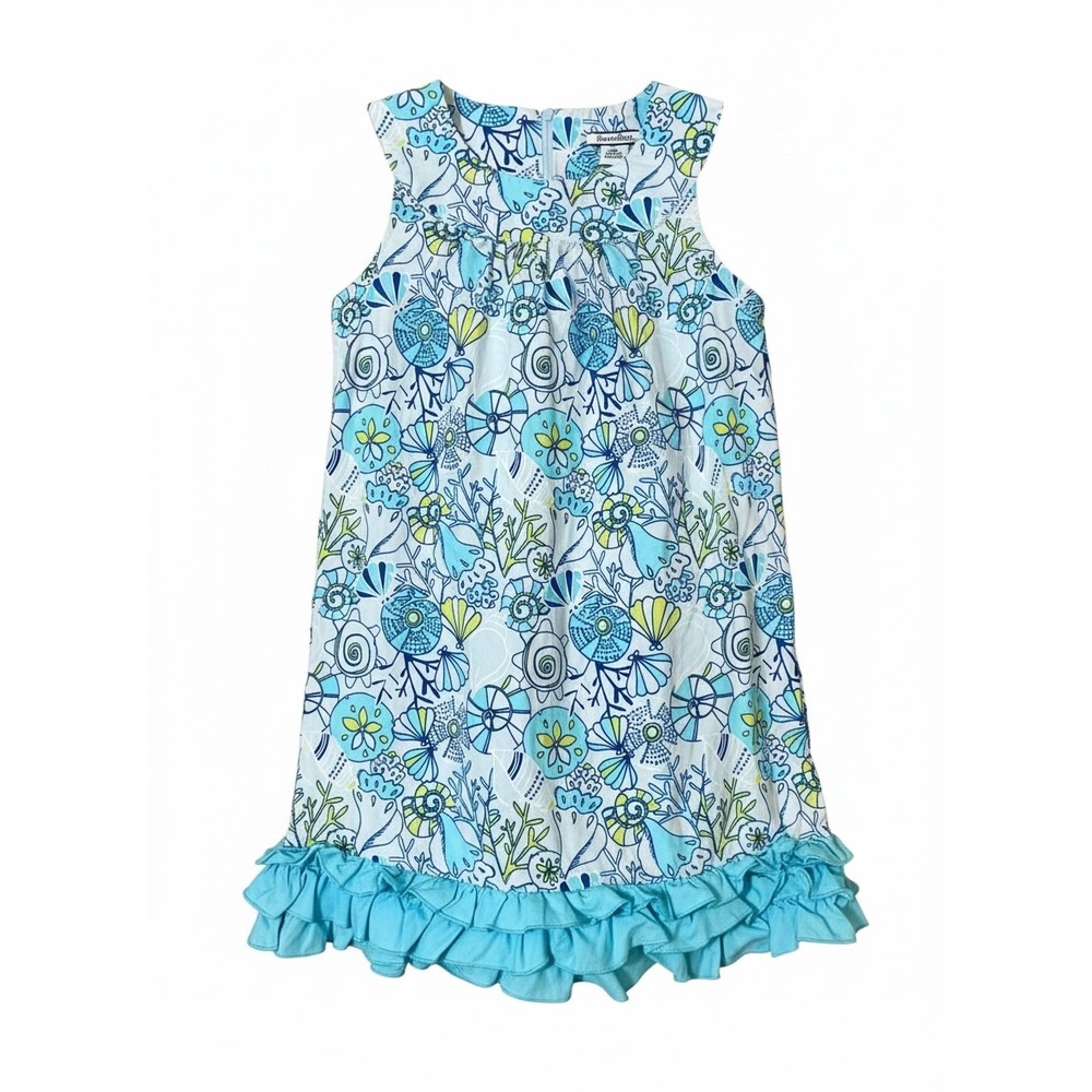 HartStrings Girls 6X Blue Sea Shell‎ Print Ruffle Hem 100% Cotton Summer Dress
